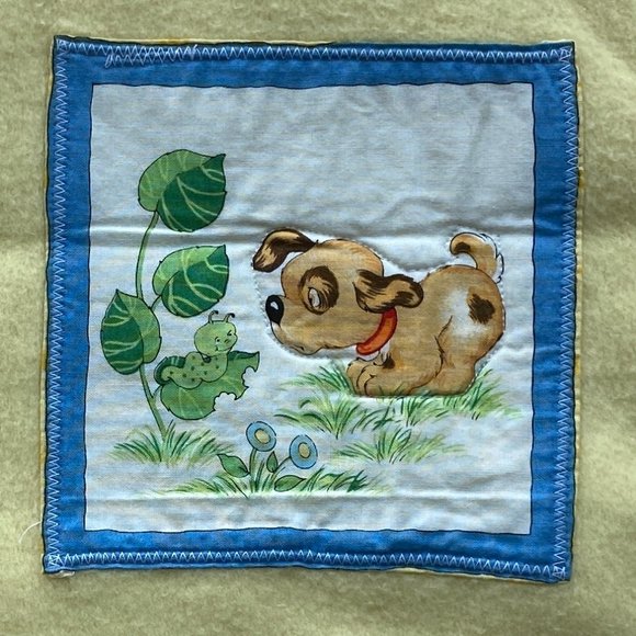 Vintage Hand Crafted Yellow Baby Blanket Animal Appliques Satin Edge Floor Time - Picture 14 of 16